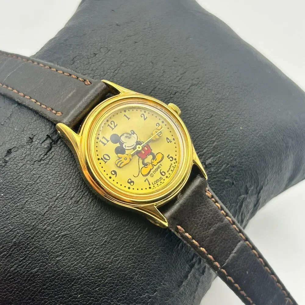 Lorus Disney Mickey Mouse Gold Brown Leather Strap Watch New Battery